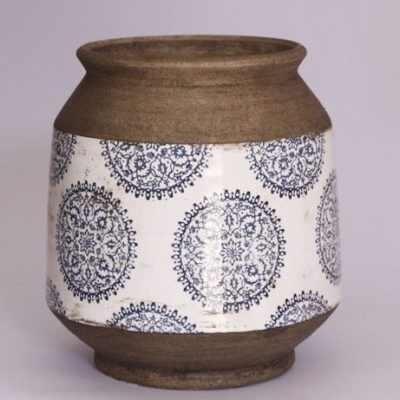 Vaso de Cerâmica Branca Com Detalhe Azul